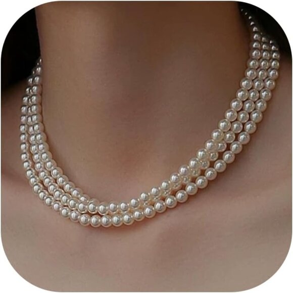 Jewelry - Long Pearl Necklaces for Women,Vintage Elegant Faux White Pearl Multi Strand Lay